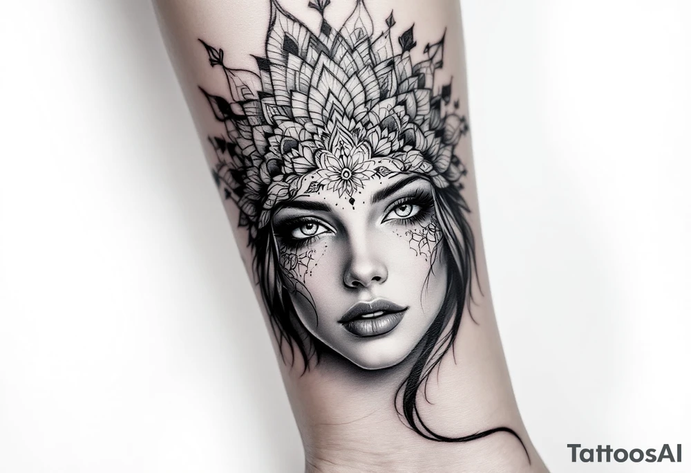 beautiful woman dmt deity eyes white with mandala fully behind head tattoo idea