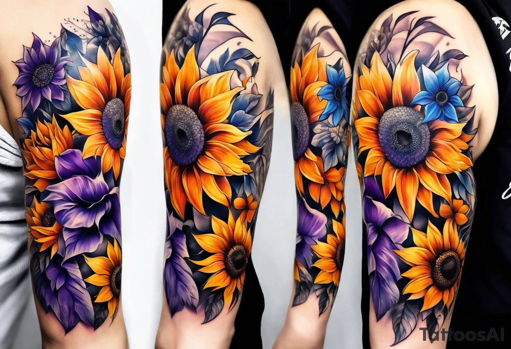 Full leg sleeve with purple, orange and blue sunflowers tattoo idea
