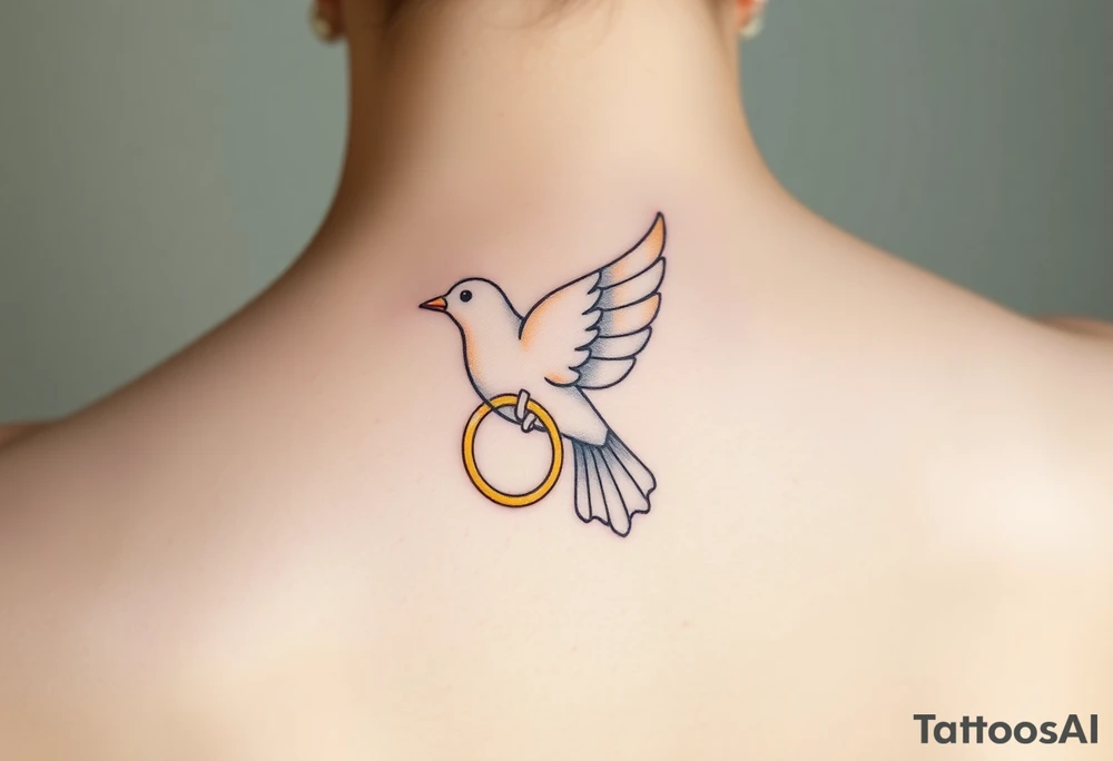 A collared dove with a golden wedding ring clasped in its talons, in a soft golden hue with the dove in pale gray and white, symbolizing commitment and eternal love tattoo idea