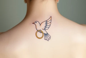 A collared dove with a golden wedding ring clasped in its talons, in a soft golden hue with the dove in pale gray and white, symbolizing commitment and eternal love tattoo idea