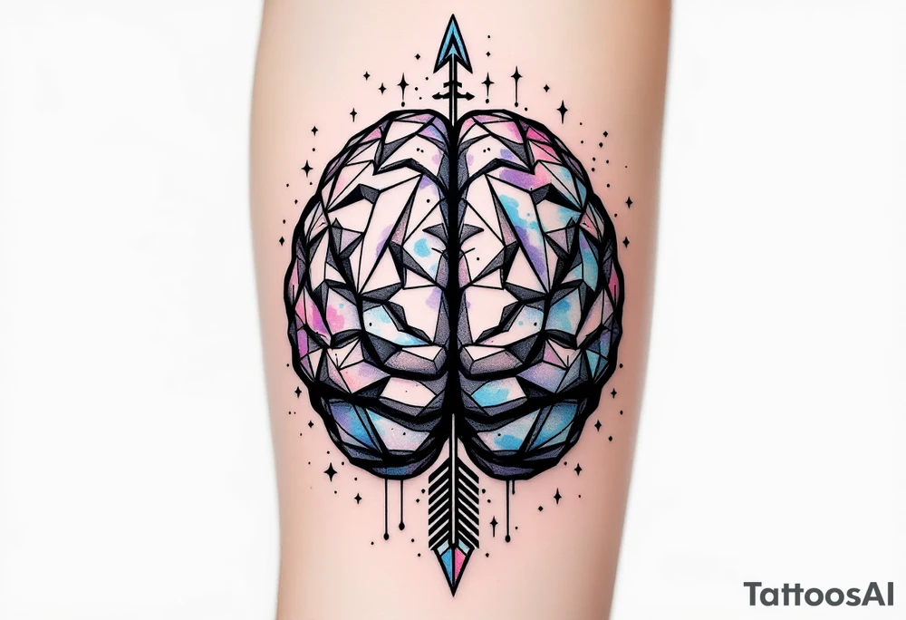 A front-seen brain in geometric and straight lines, with few watercolor details but mostly black, symbols representing intelligence flying arround, the phrase "Aut inveniam viam aut faciam" and a detailed arrow crossing from above with watercolors leaking from its tip tattoo idea