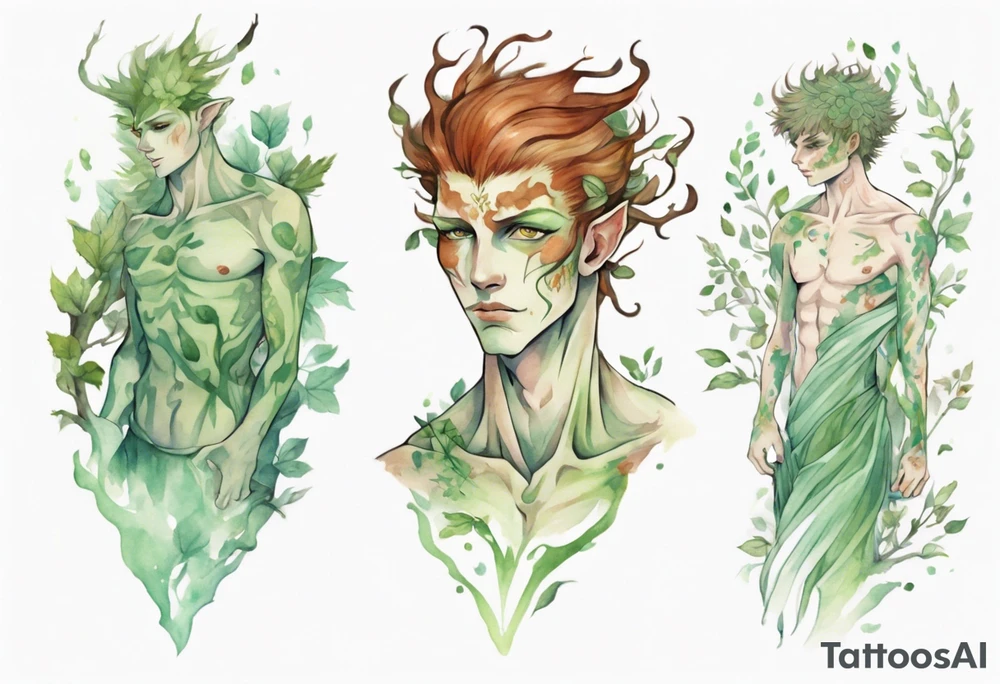 a slender and beautiful male dryad with pale green skin and auburn hair tattoo idea