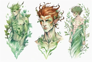 a slender and beautiful male dryad with pale green skin and auburn hair tattoo idea