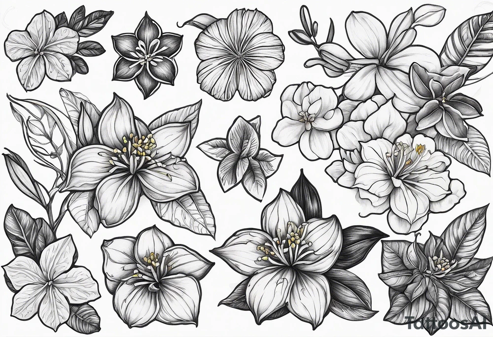 Half-sleeve flowers endemic to the Philippines such as Ylang Ylang, Jade vine, Anahaw leaf, do not use Sampaguita. Crawling like wildflowers on arms. Include batik texture and peranakan tile tattoo idea