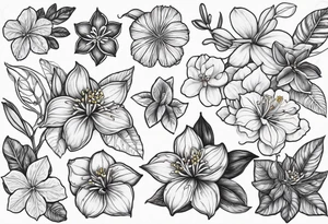 Half-sleeve flowers endemic to the Philippines such as Ylang Ylang, Jade vine, Anahaw leaf, do not use Sampaguita. Crawling like wildflowers on arms. Include batik texture and peranakan tile tattoo idea