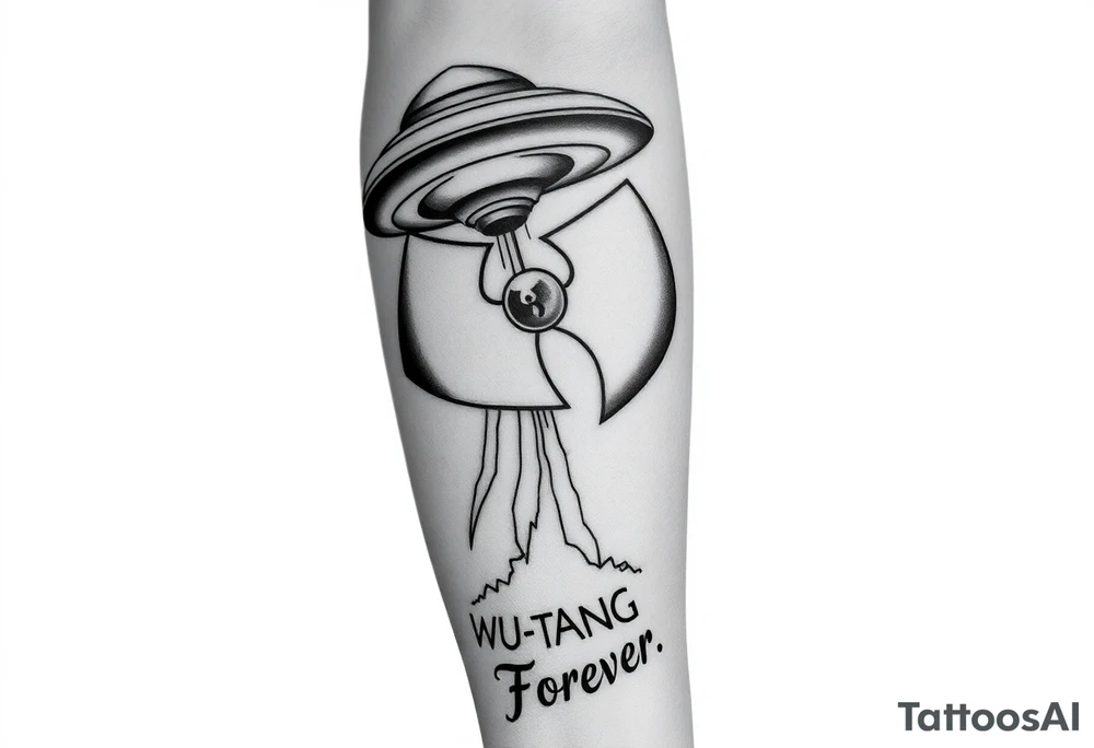 Ufo dropping the Wu-Tang Clan Symbol down to earth with the bottom of forearm saying "Wu Tang Forever" tattoo idea