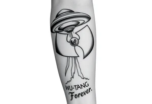 Ufo dropping the Wu-Tang Clan Symbol down to earth with the bottom of forearm saying "Wu Tang Forever" tattoo idea