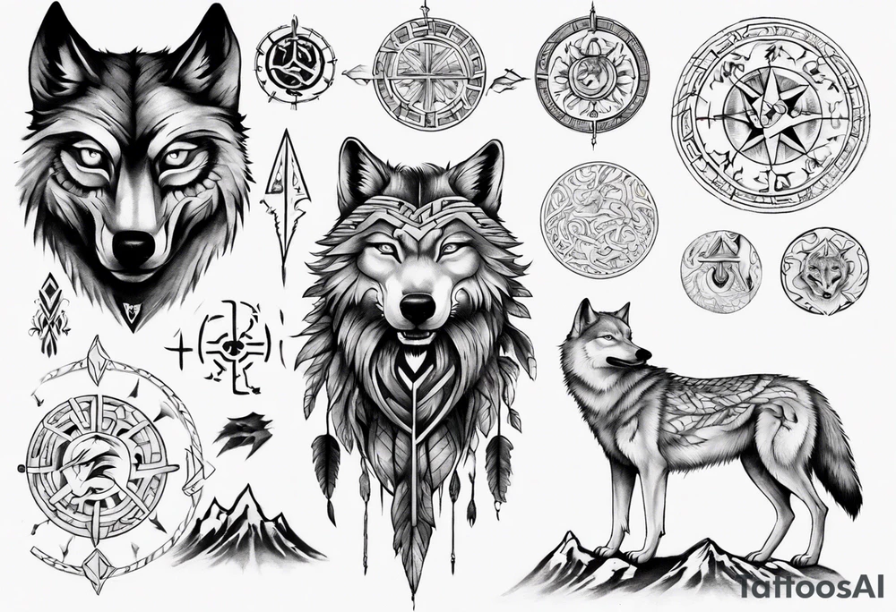 want a half sleeve on my left forearm featuring a side profile of wolf with a vegvisir for its eye, incorporating Māori patterns and Norse symbols tattoo idea