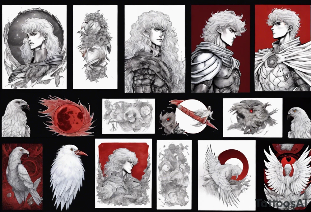 neo traditional, griffith from berserk, manga, white feather bird, red eclipse tattoo idea