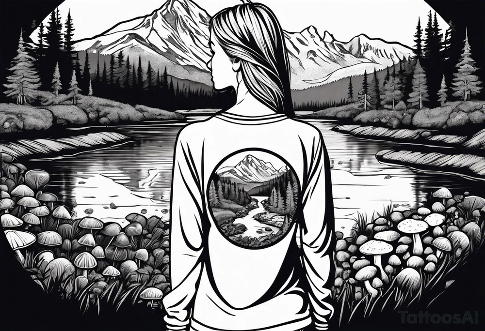 Whole picture encircled fully

Straight long blonde hair hippie girl in distance holding mushrooms in hand facing away toward mountains and creek surrounded by mushrooms long sleeve shirt and hiking pants; whole rendering within a full circle, no cut off circle tattoo idea