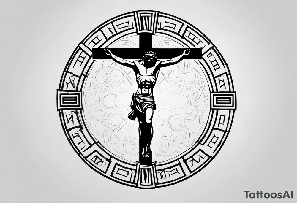 Crucified man inside a circle of Roman numerals with roman numerals on it tattoo idea