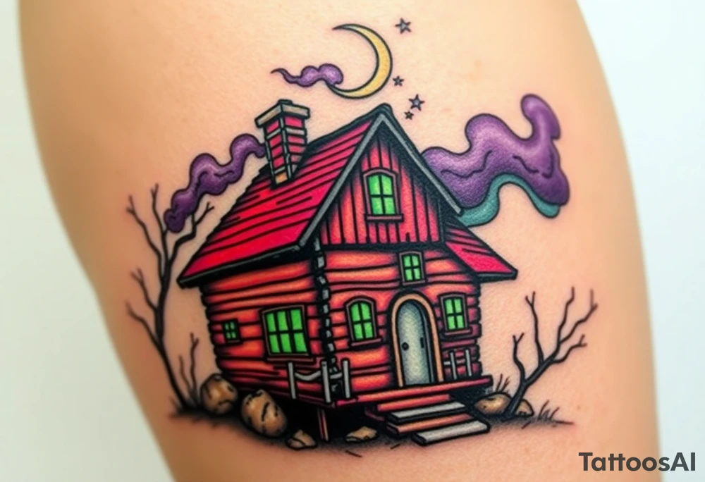 Tim Burton’s haunted pastel wood cabin home is abandoned and dripping with muted reds, dusty pinks, and eerie green glow.purple and cyan smokey clouds swirl in the crescent moonlit sky thats sprinkled with stars tattoo idea tattoo idea