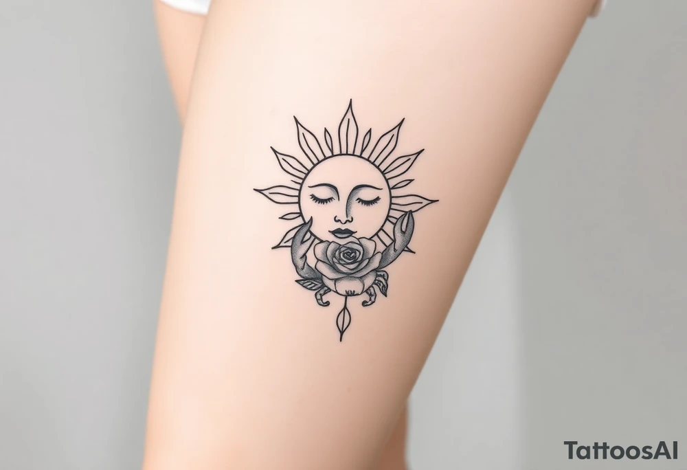 Sun with simple face, rose, and crab traditional tattoo idea