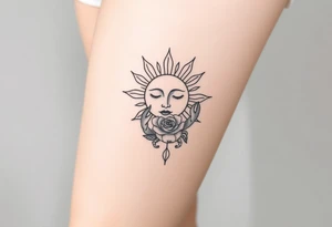 Sun with simple face, rose, and crab traditional tattoo idea