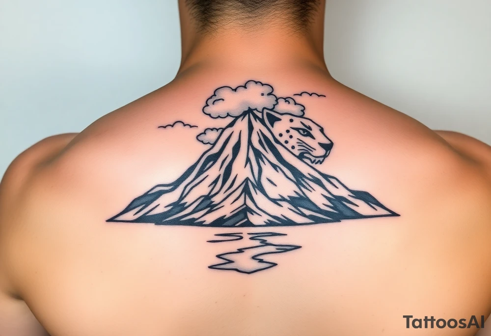 Primary focus is a mountain. At the crown of the mountain is a swath of puffy cumulus clouds. On the right side of the clouds, they form a very subtle jaguar face. At the base of the mountain is a reflective salt flats. Use Peruvian accents in the design tattoo idea