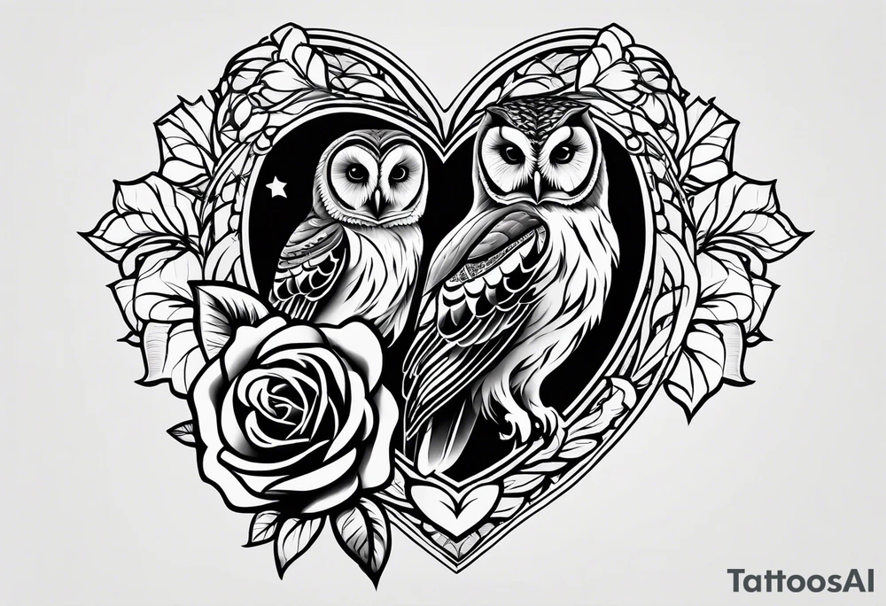 Barred owl with a rose and a heart tattoo idea