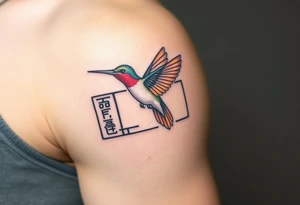 A hummingbird flying through a cartouche (Egyptian nameplate) that spells out a meaningful word like “Life” or “Strength.”(only red , blue and black are possible colors) tattoo idea