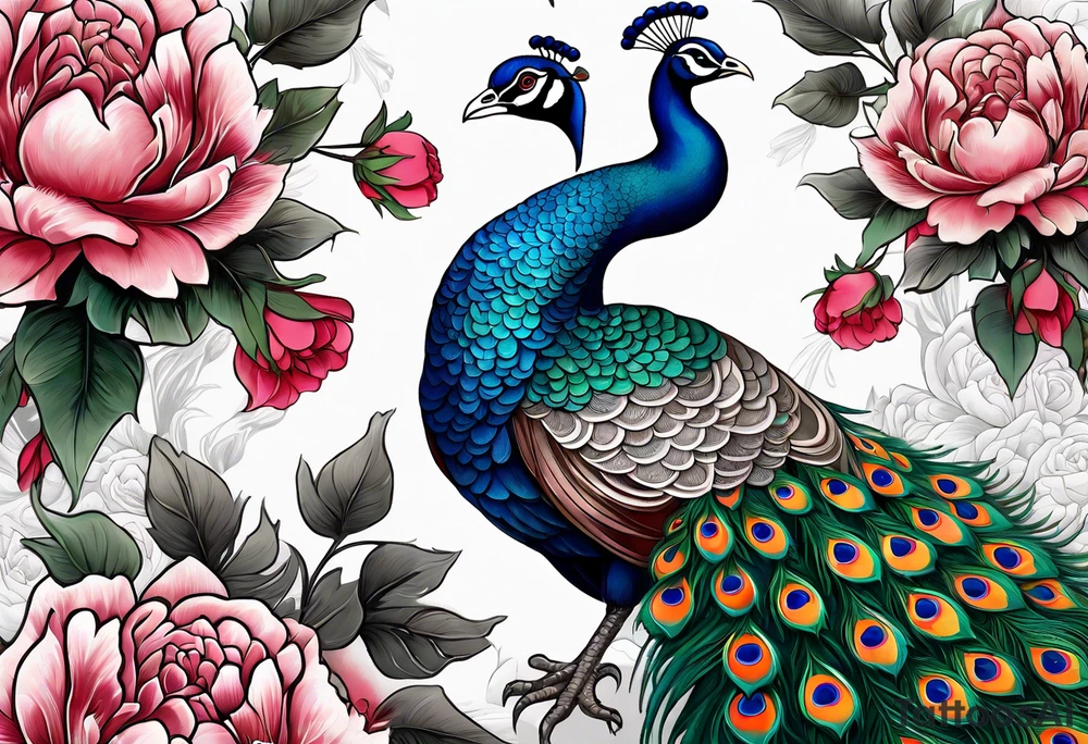 beautiful highly detailed peacock surrounded by peonies, roses. and leaves, philligry, intricate, detailed, tattoo idea