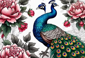 beautiful highly detailed peacock surrounded by peonies, roses. and leaves, philligry, intricate, detailed, tattoo idea