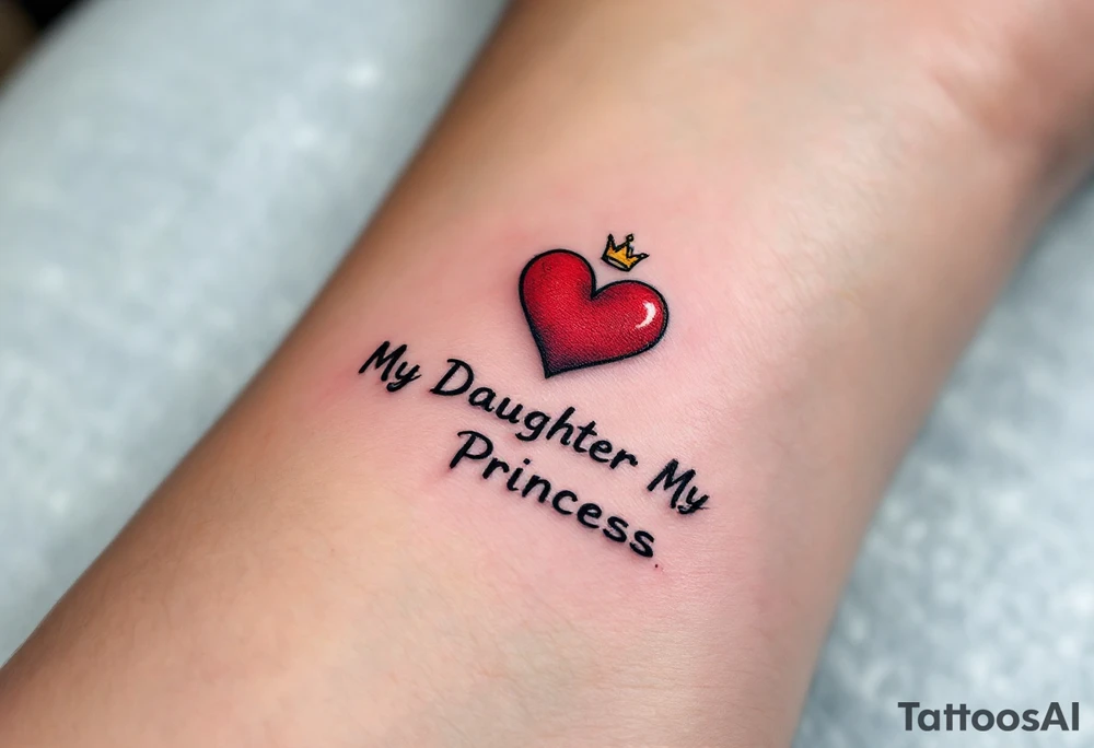 A matching red heart with a tiny crown above it and the word “My Daughter My Princess” in black, celebrating a daughter’s special role. tattoo idea