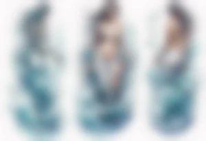 a tall see-through woman covered with water, sitting upon a wave tattoo idea