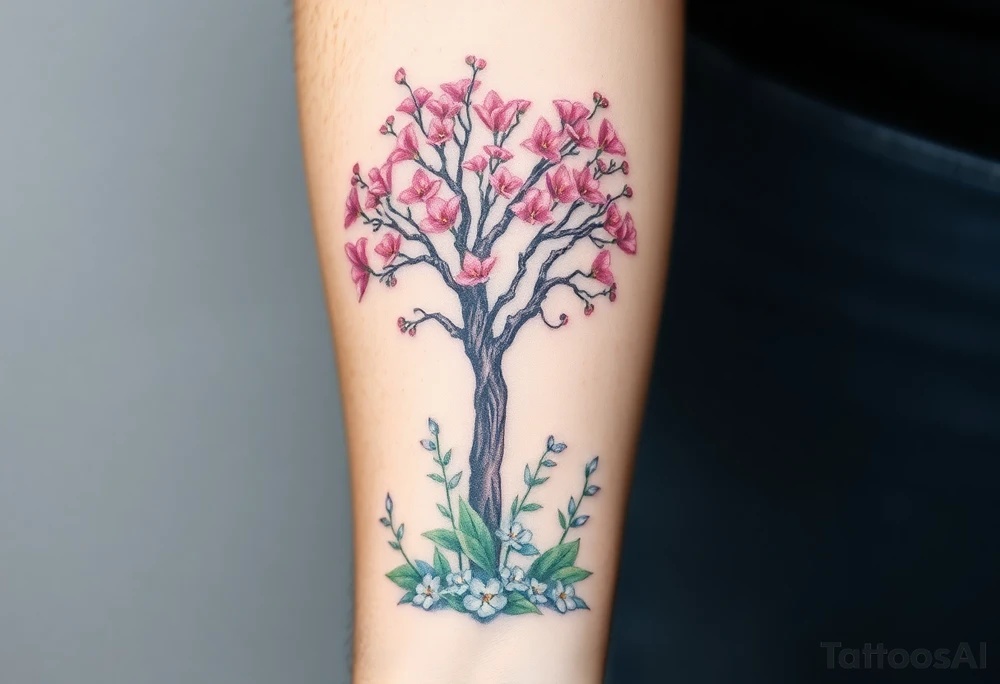 Lilly of the vally bell plants on the ground underneath a majestic blooming hawthorn tree tattoo idea