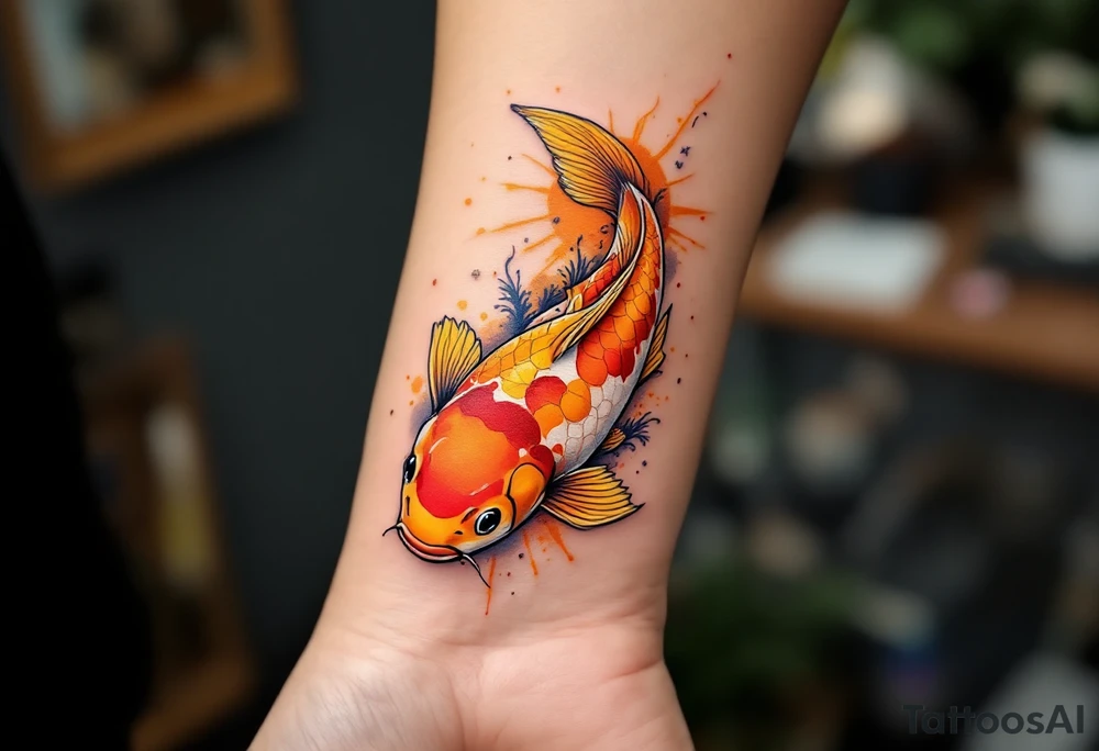 Orange and Yellow Koi with Sun Rays – A bright koi in warm sunset tones, highlighted by golden sunbeams streaming down through the water. tattoo idea