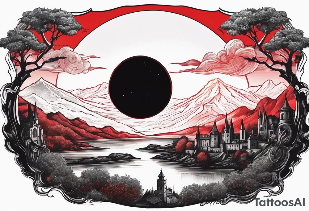 black solar eclipse with red light shining behind it, dark fantasy landscape/medieval city tattoo idea