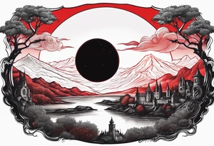 black solar eclipse with red light shining behind it, dark fantasy landscape/medieval city tattoo idea