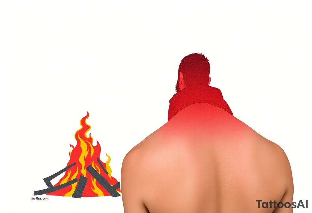 A silhouette of Jan Hus standing before a bonfire, with fiery orange and red shades blending into a deep blue sky. tattoo idea