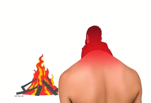 A silhouette of Jan Hus standing before a bonfire, with fiery orange and red shades blending into a deep blue sky. tattoo idea