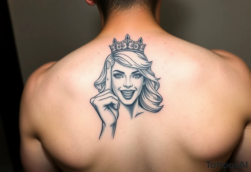 powerful blond findomme princess with crown on, holding up her middle finger laughing at you for being pathetic tattoo idea