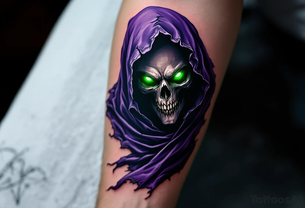 The Reaper’s tattered purple cloak flows behind him as his glowing green eyes pierce the darkness. tattoo idea