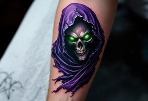 The Reaper’s tattered purple cloak flows behind him as his glowing green eyes pierce the darkness. tattoo idea