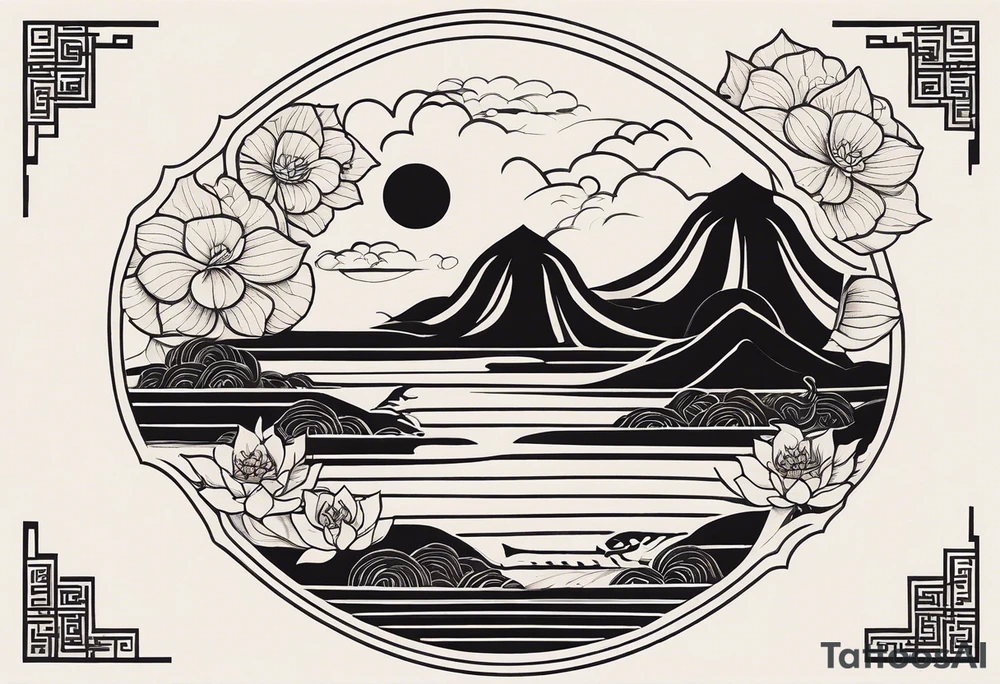 A black Vietnamese tattoo design featuring intricate depictions of sacred animals like the dragon and turtle intertwined with majestic mountains and lush rice fields. Incorporate iconic elements such as the conical straw hat floating above, surrounded by blooming lotus flowers and traditional silk lanterns. The tattoo reflects the essence of Vietnam's breathtaking nature, with swirling mist and flowing water elements woven into the composition, merging traditional artistry with a modern flair. Use a color palette that evokes the lush greens of the countryside and the warm tones of sunset. tattoo idea