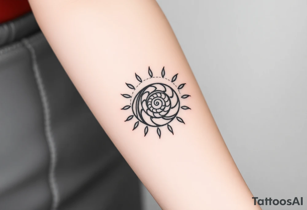 Fibonacci spiral shell inside of painted sun tattoo idea