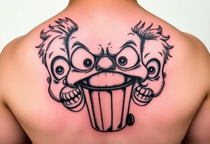 powerful faces with huge eyes and mouth with foamy mouth with a garbage pail kids body tattoo idea