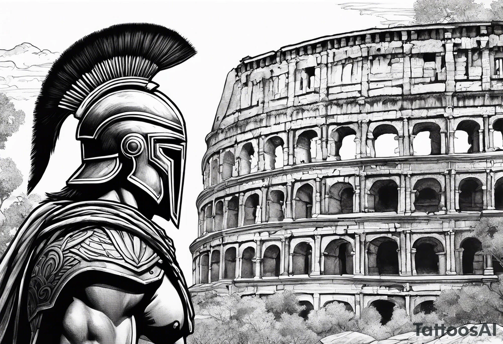 Right Side profile of spartan soilder with ancient ruins in background tattoo idea