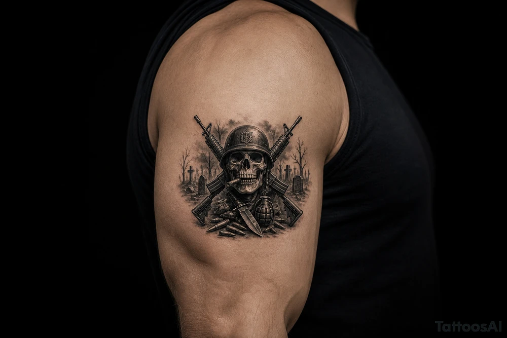 Dark fantasy graveyard, skull in helmet, cigar, crossed rifles, knife, grenade, cartridges. tattoo idea