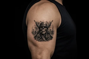 Dark fantasy graveyard, skull in helmet, cigar, crossed rifles, knife, grenade, cartridges. tattoo idea