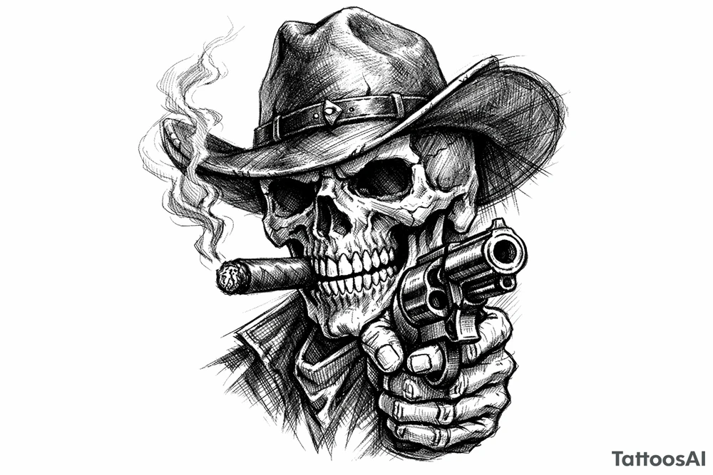 skull with cowboy-hat,a big cigar in his mouth and a gun in a hand. tattoo idea