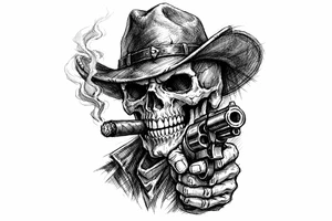 skull with cowboy-hat,a big cigar in his mouth and a gun in a hand. tattoo idea