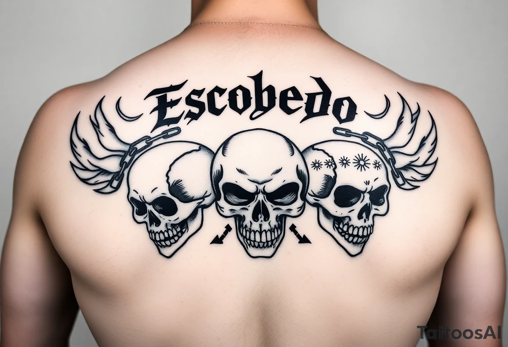 Upper back tattoo in stark emo-punk linework. ‘Escobedo’ carved bold and clean across the shoulders. Black flame arcs rise behind it like wings—sharp, negative space-driven. Between the flames, loose chains drape with motion. Three skulls: cracked on the left, snarling in the center, screaming on the right. Each skull etched with fine Aztec-inspired marks—sunbursts, dots, and sacred lines. No color. No shading. Just fire, bone, and steel inked in symmetry. tattoo idea