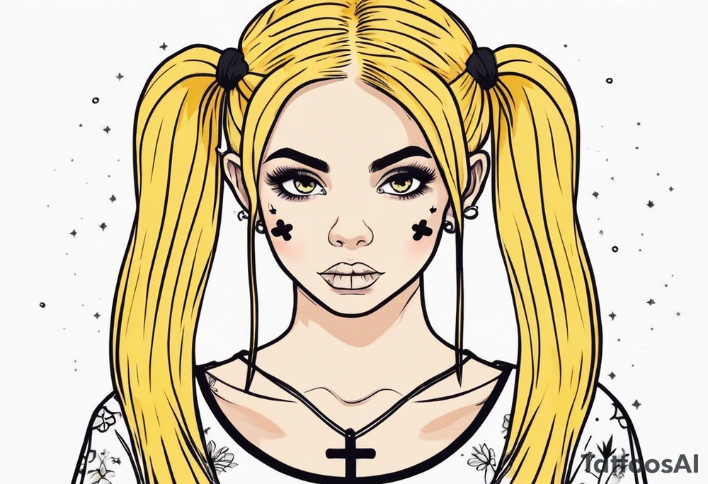 feminine skull and cross bones with hair in two blonde pigtails tattoo idea