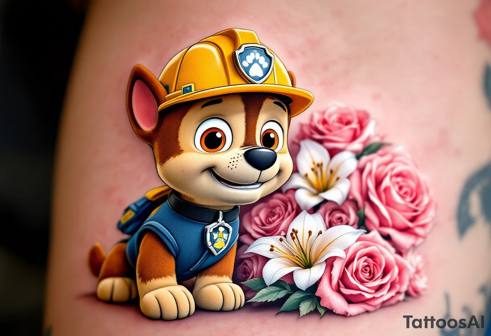 Rubble from Paw Patrol with a construction helmet, standing next to a pile of pink roses and white lilies, symbolizing building a strong foundation in love. The flowers have soft shades of pink and white with golden highlights. tattoo idea