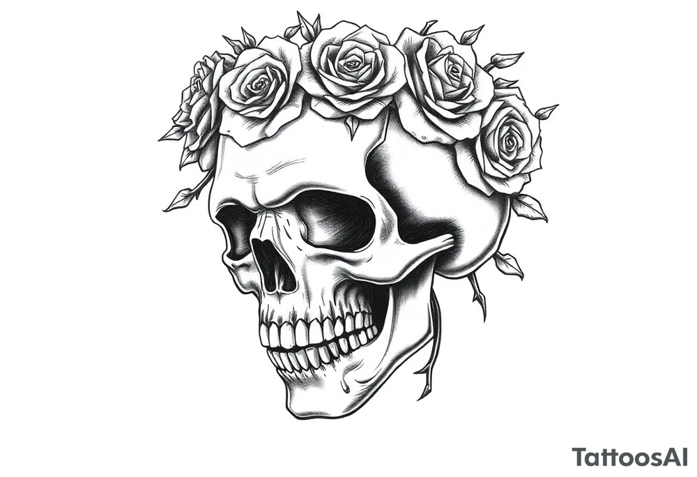 ornate skull adorned with crown of wild roses and thorns tattoo idea