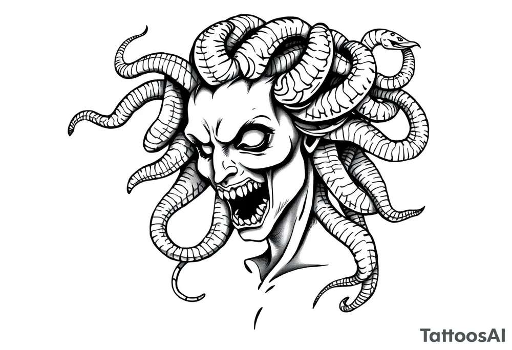 Scary Greek female god medusa with snake hairs tattoo idea