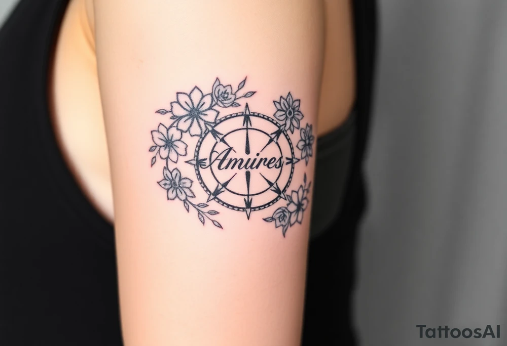 Compass surrounded with flowers cursive letters tattoo idea