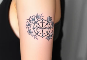 Compass surrounded with flowers cursive letters tattoo idea