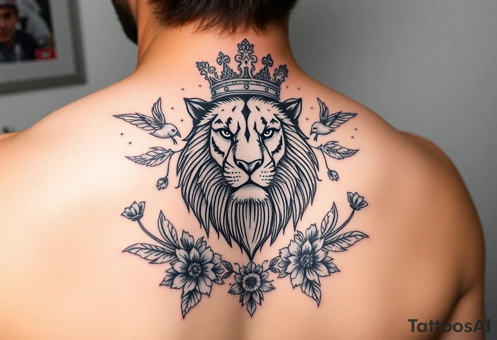 powerful majestic lion with a crown, surrounded by floral ornaments and birds tattoo idea